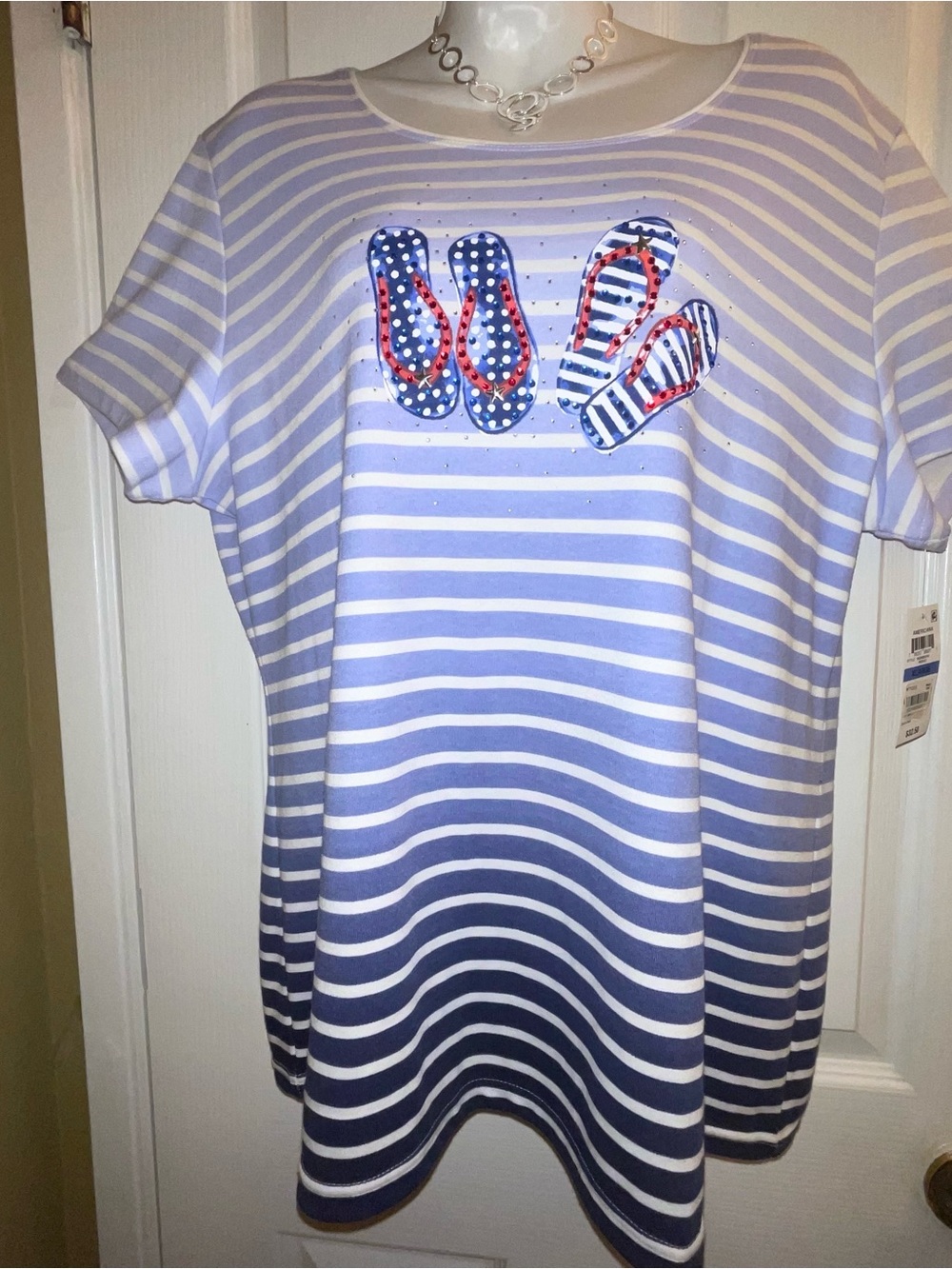 Karen Scott Blue and White Striped Short Sleeve Top with Flip Flop Applique